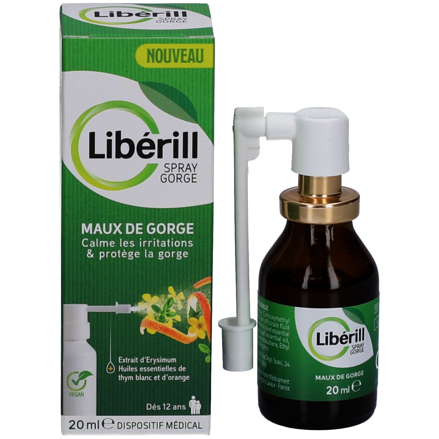 Boîte et flacon. Inscription: Libérill Spray Gorge. Avec applicateur blanc. 20 ml. Vegan.