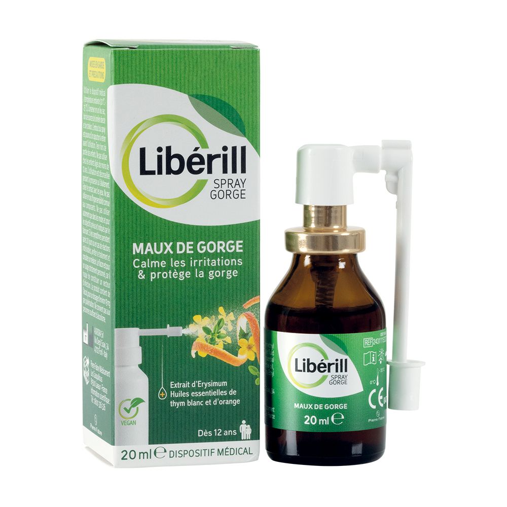 Flacon et emballage Liberill Spray Gorge. Flacon brun avec pulvérisateur et emballage. Nom du produit et texte.