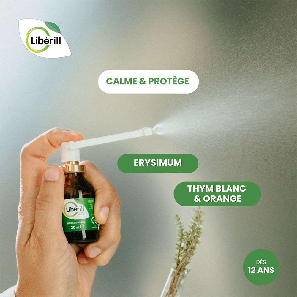 Produit en main. Flacon brun avec pulvérisateur. Texte et logo. Érysimum, thym, orange.