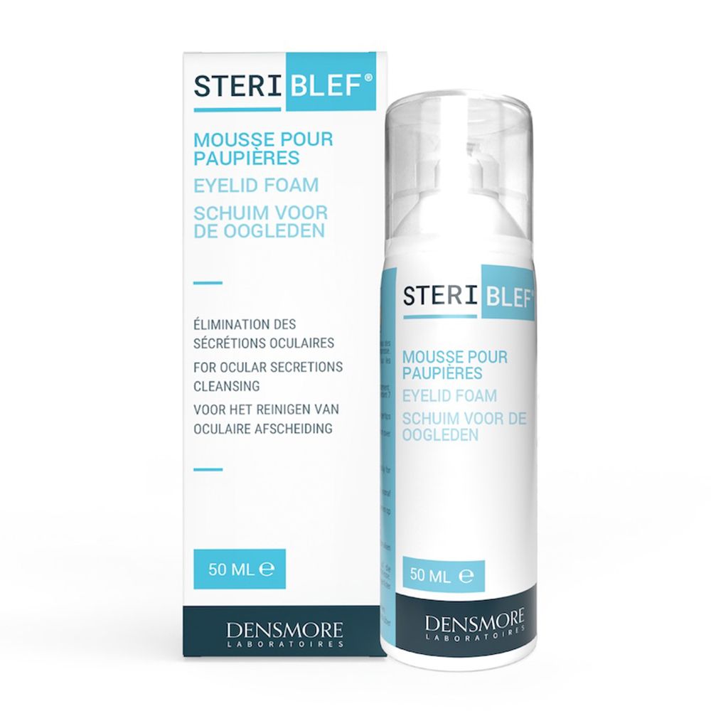 Witte fles en doos. Opschrift: STERIBLEF, Mousse pour paupières, Eyelid foam, 50 ml. Merk: Densmore.