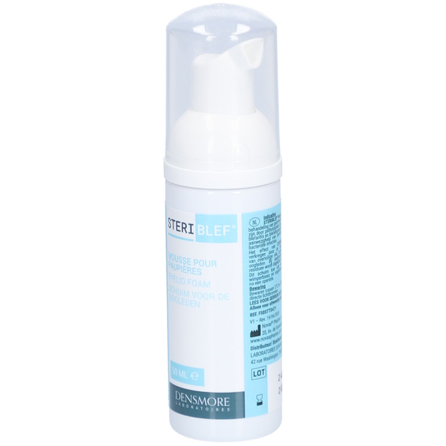 Flacon blanc avec pompe. Inscriptions: STERIBLEF, Mousse pour paupières, Eyelid Foam, Schaum voor de oogleden. Marque: Densmore.
