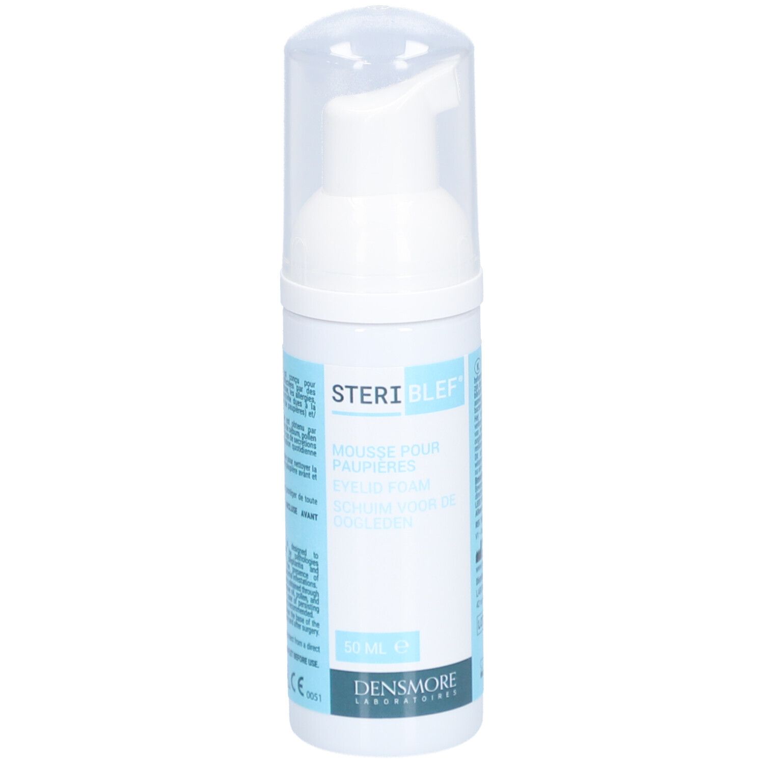 Flacon blanc avec pompe. Inscriptions: STERIBLEF, Mousse pour paupières, Eyelid Foam, Schaum voor de oogleden. Marque: Densmore.
