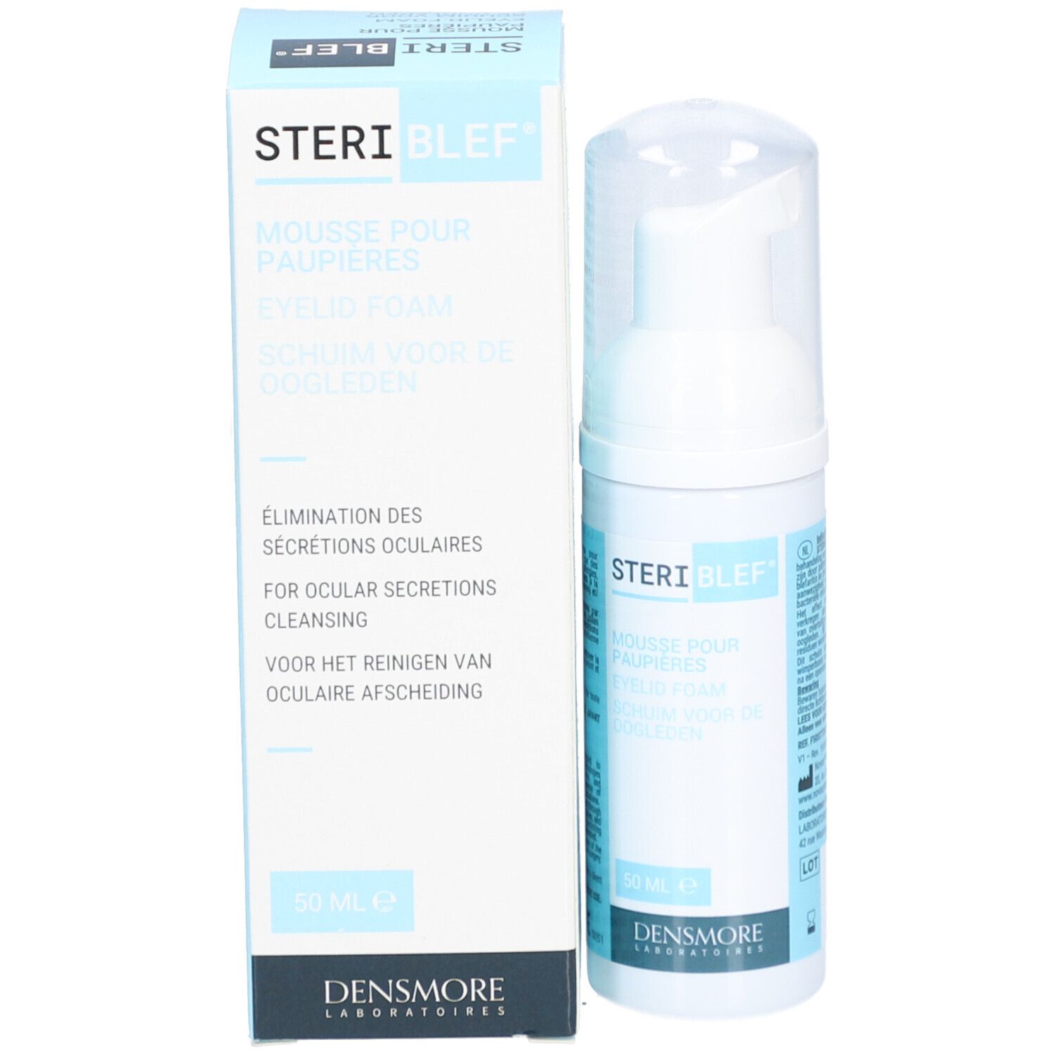 Emballage et flacon. Inscriptions: STERIBLEF, Mousse pour paupières, Eyelid Foam, Schaum voor de oogleden. Marque: Densmore. 50 ml.