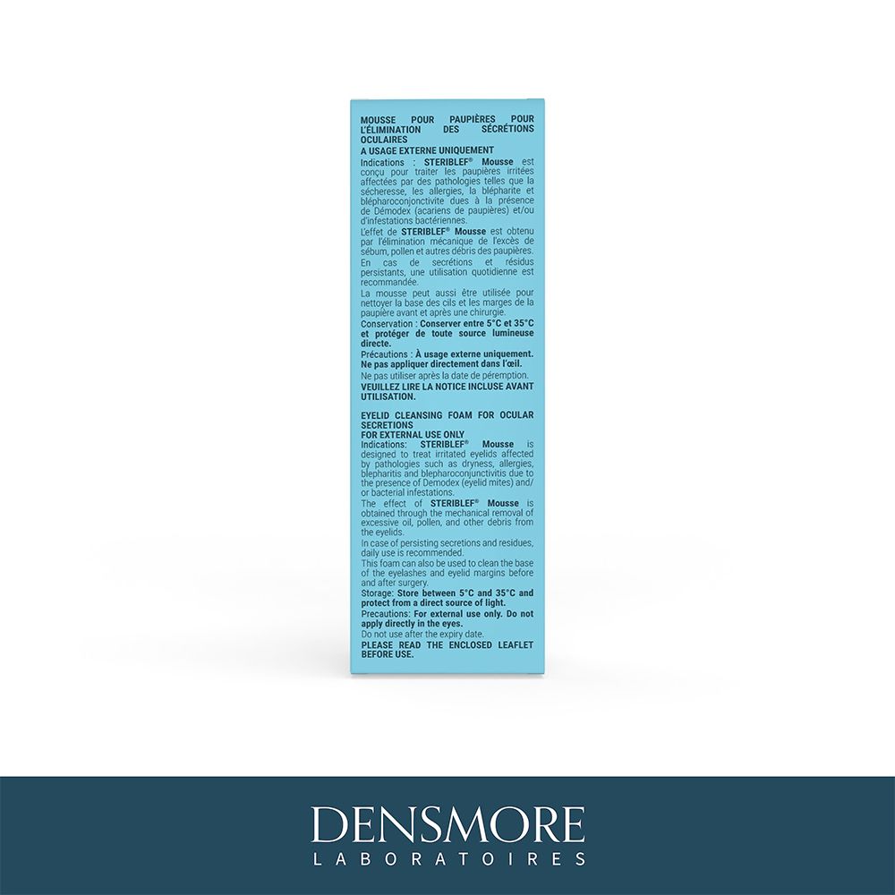 Achterkant van de verpakking. Tekst in meerdere talen. Merk: Densmore. Productnaam: STERIBLEF Mousse.
