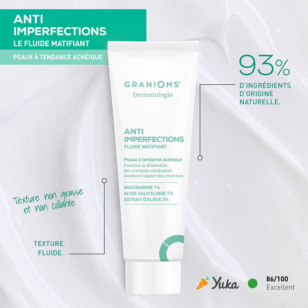 Granions Dermatologie Anti-Imperfections Fluide Matifiant. Texture, ingrédients et notation Yuka.