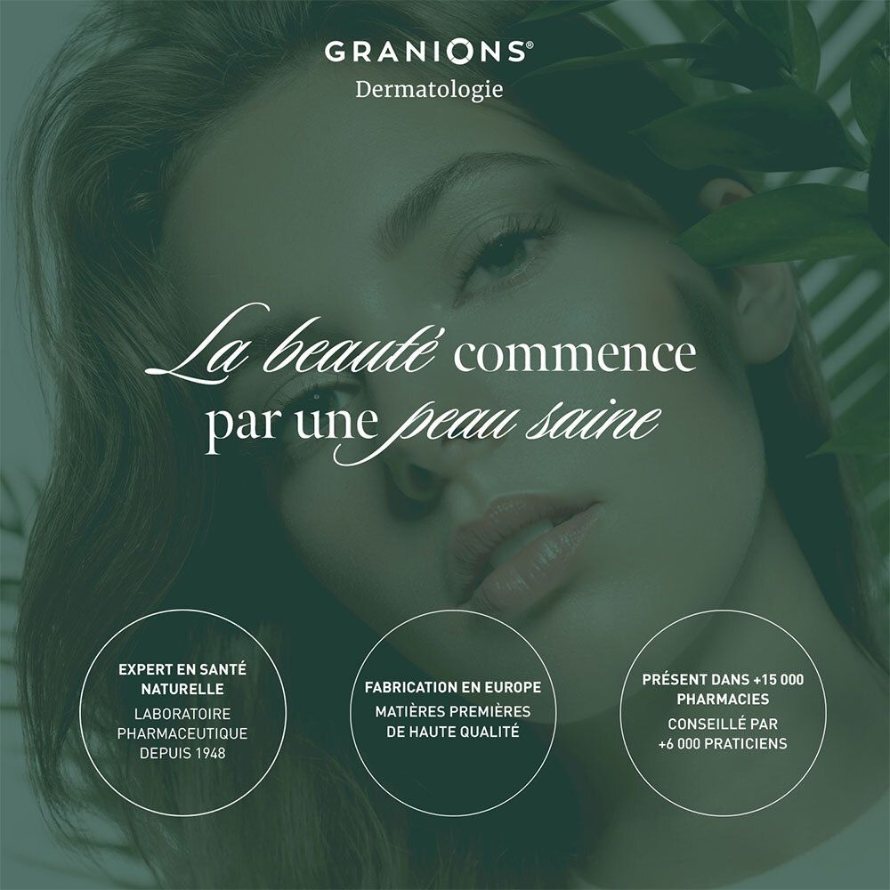 Femme avec peau. Texte : La beauté commence par une peau saine. Informations sur Granions.