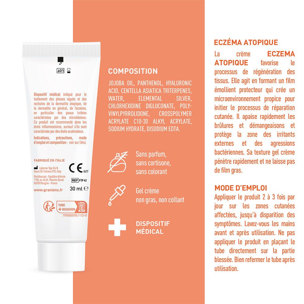 Achterkant van de crèmetube. Ingrediënten, gebruiksaanwijzing, fabrikantinfo. 30 ml. Medisch hulpmiddel.