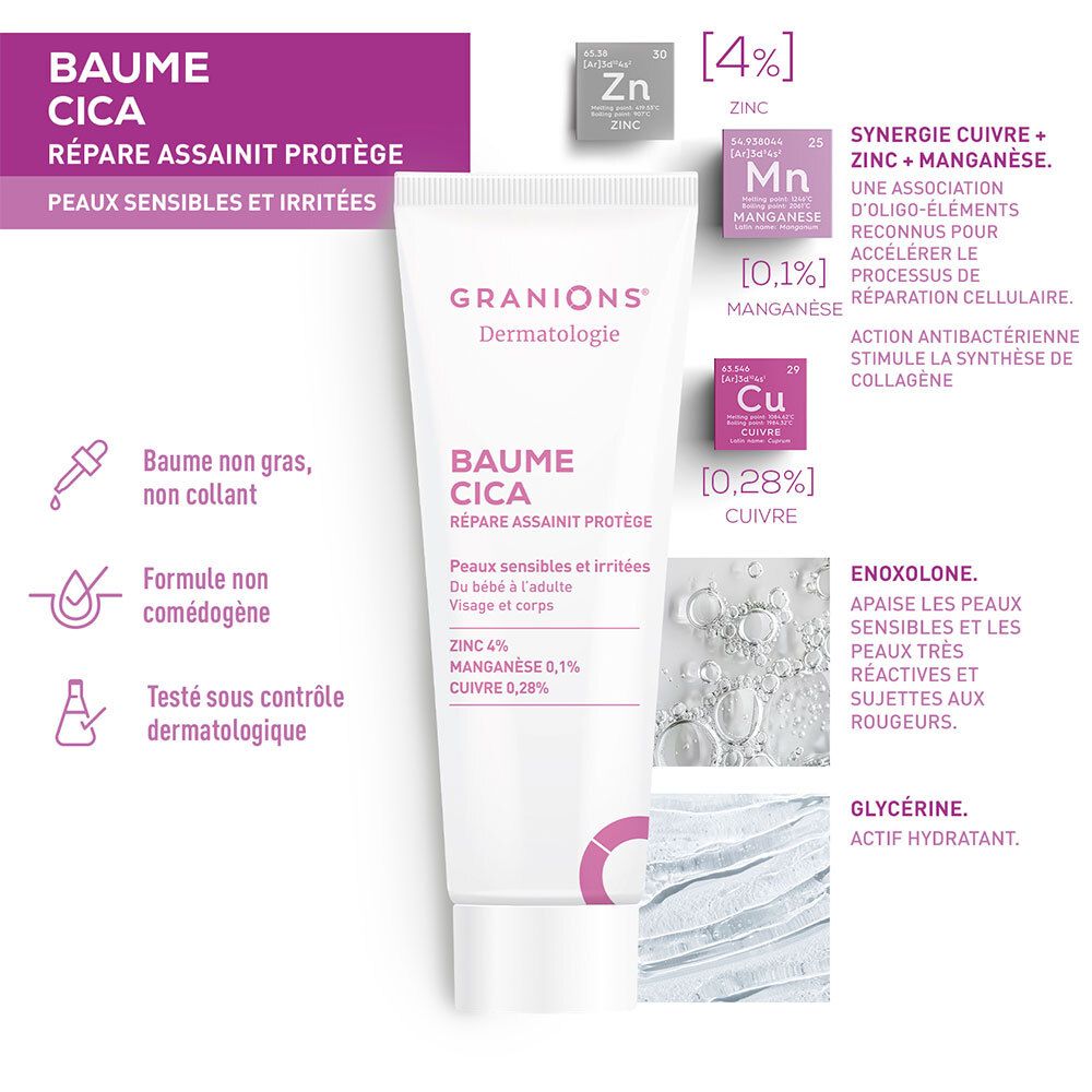 Crèmetube met ingrediëntendiagrammen. Bevat zink, mangaan en koper. Niet vet, niet plakkerig. Niet comedogeen.