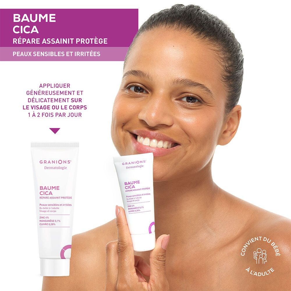 Vrouw houdt twee crèmetubes vast. Opschrift: Baume Cica. Voor gevoelige huid. Voor baby's en volwassenen. Geschikt voor gezicht en lichaam.