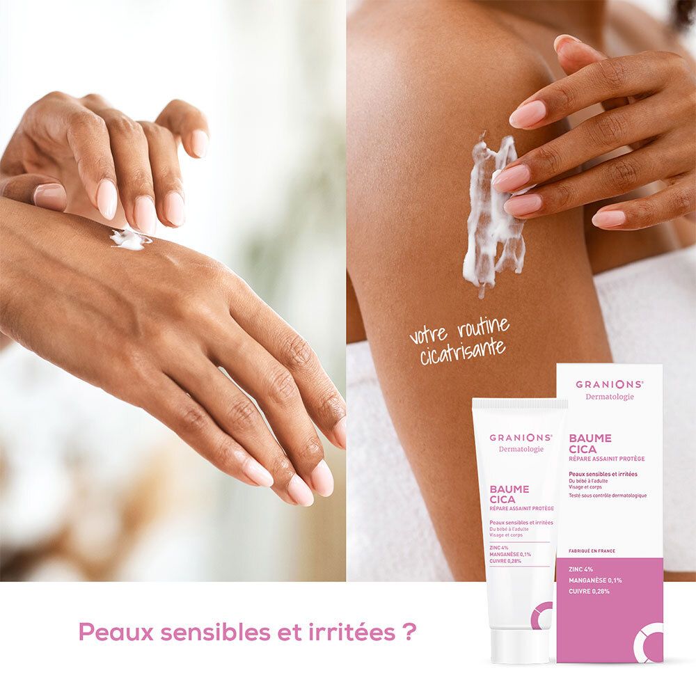 Handen brengen crème aan. Opschrift: Baume Cica. Voor gevoelige huid. Uw helende routine. Voor gevoelige en geïrriteerde huid.