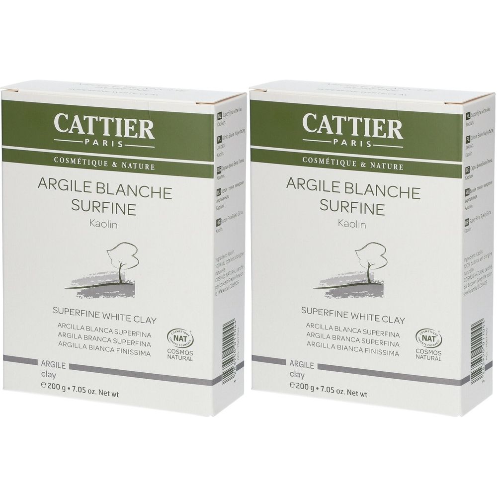 Deux boîtes de CATTIER Argile Blanche Surfine. Fond blanc, texte vert. Inscription : Argile Blanche Surfine, Kaolin.