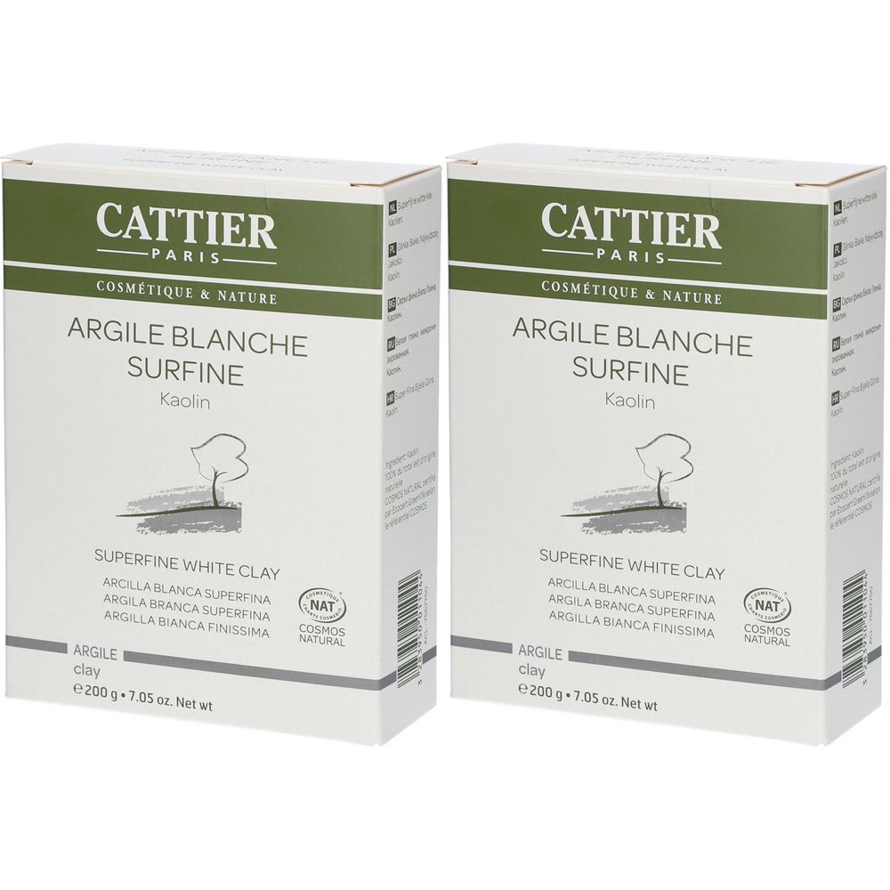 Twee dozen CATTIER Argile Blanche Surfine. Witte achtergrond, groene tekst. Opschrift: COSMETIQUE & NATURE, Argile Blanche Surfine.