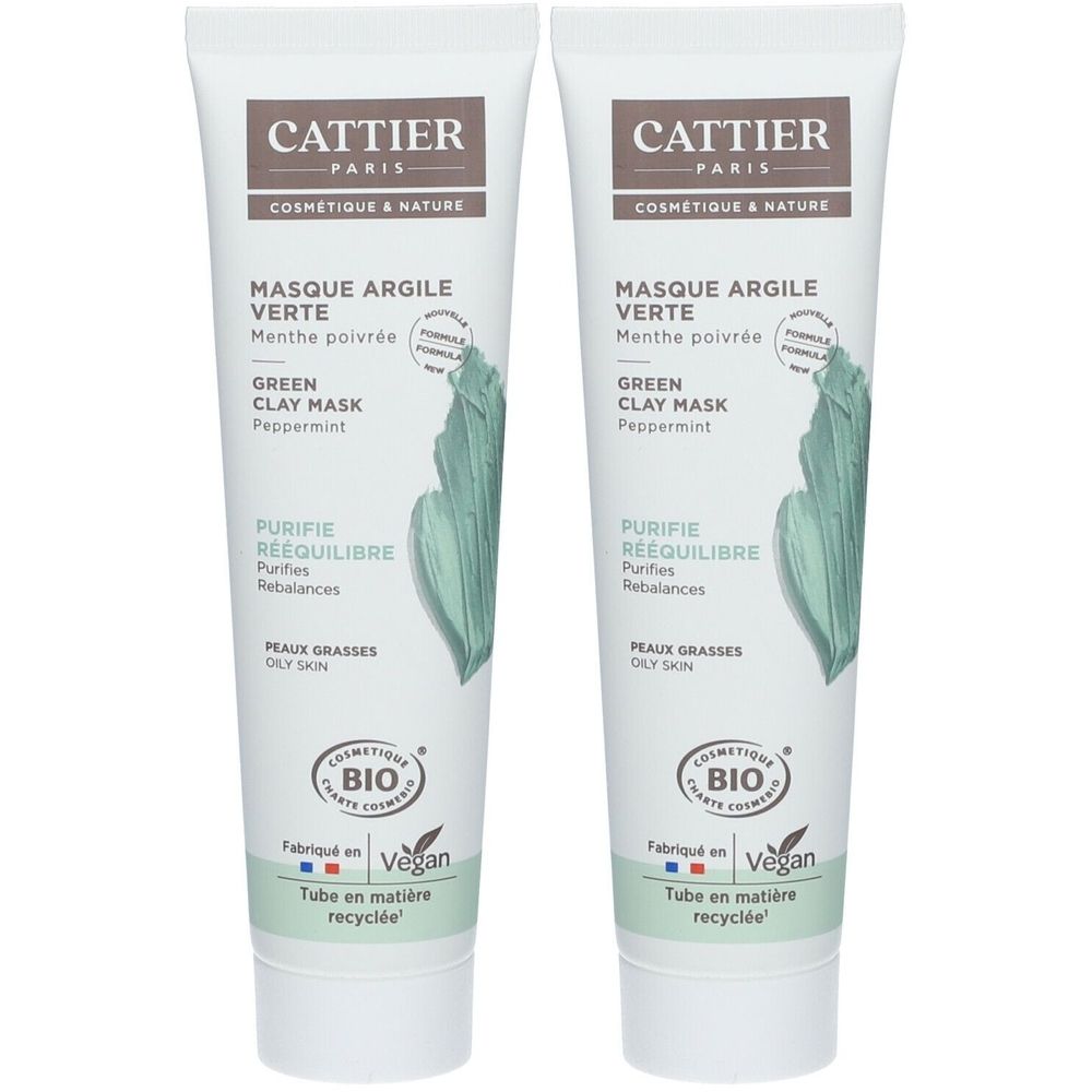 Twee tubes gezichtsmasker. Opschrift: CATTIER PARIS, MASQUE ARGILE VERTE, Green Clay Mask. Bio-certificering, vegan.