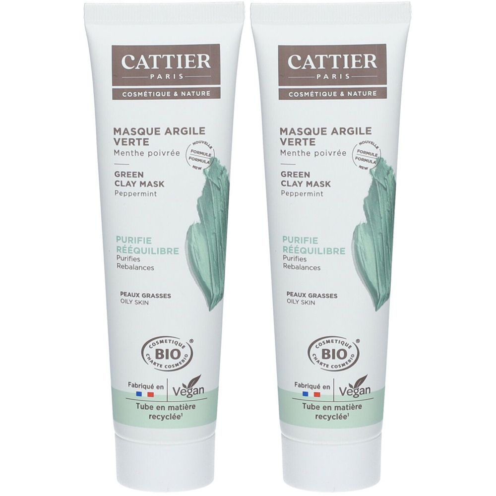 Twee tubes gezichtsmasker. Opschrift: CATTIER, Masque Argile Verte, Green Clay Mask, Bio-certificering, Vegan.