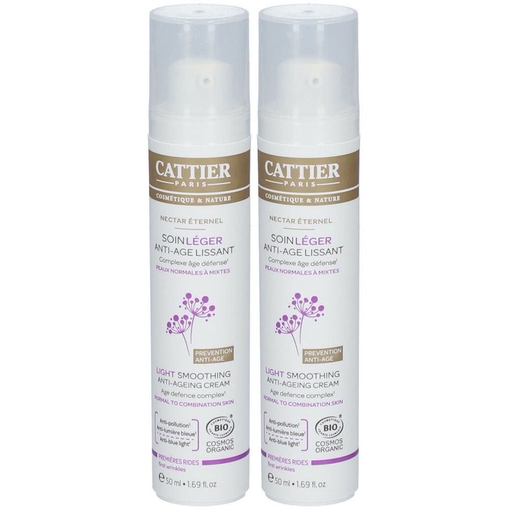 Deux flacons de CATTIER Soin léger anti-âge lissant. Flacons blancs avec accents marron et violets. Texte : Crème anti-âge.
