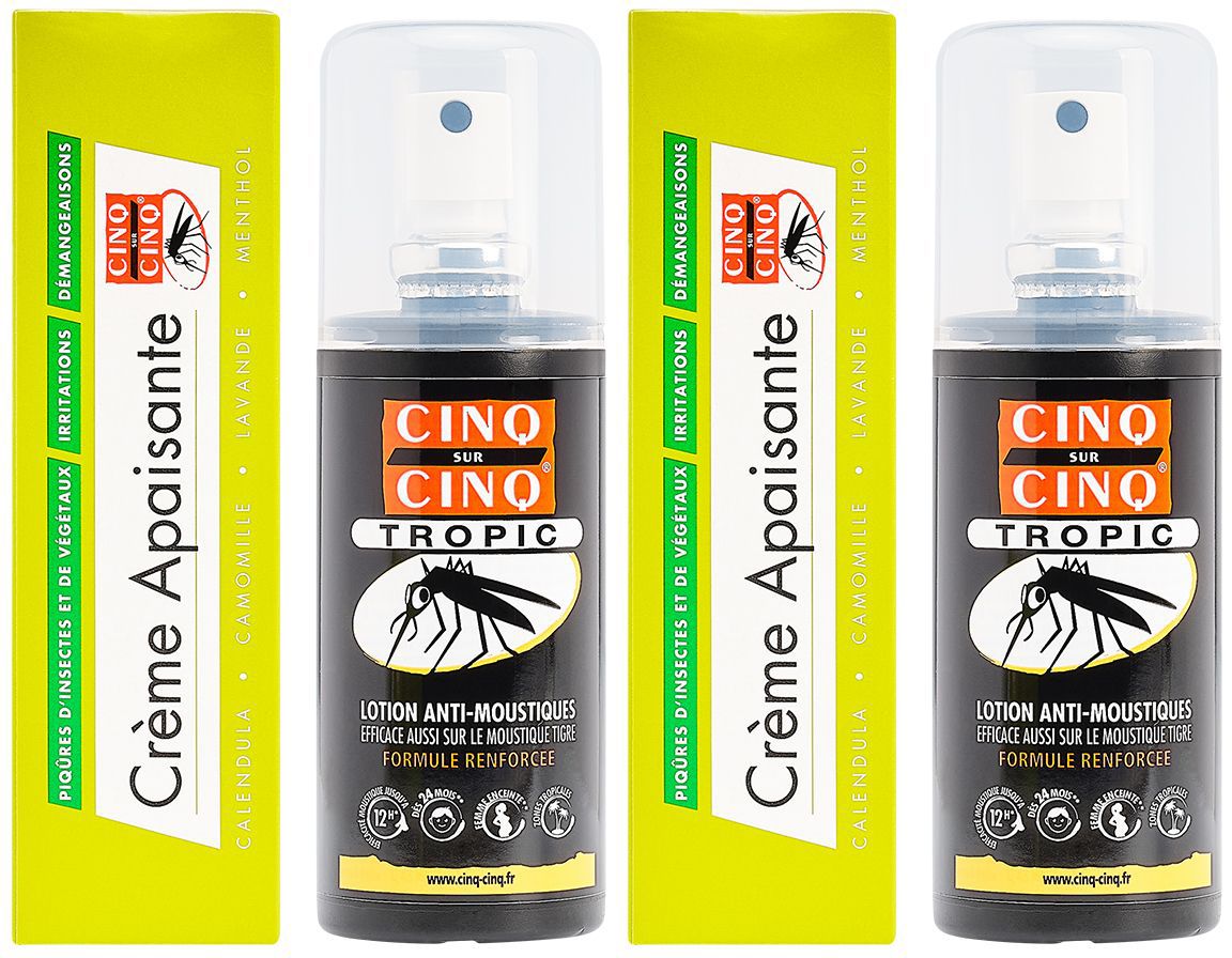 Trois produits. Flacons noirs et étuis jaunes. Inscription: CINQ SUR CINQ TROPIC. Lotion anti-moustiques. Crème Apaisante.