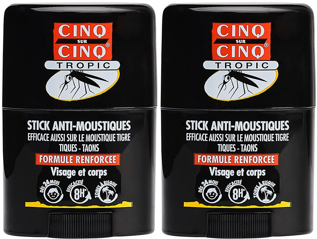 Deux sticks noirs avec inscriptions rouges et blanches. Inscriptions: CINQ SUR CINQ TROPIC, STICK ANTI-MOUSTIQUES.