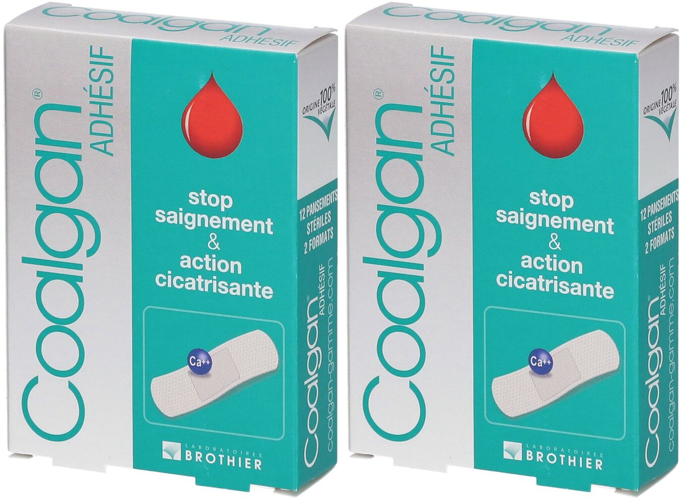 Deux boîtes de Coalgan ADHÉSIF. Visuel : goutte rouge, texte en français. Marque BROTHIER.