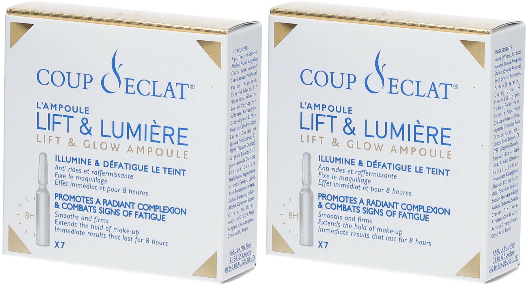 Deux boîtes d'ampoules Coup d'Eclat Lift & Lumière. Inscription en français. Contient 7 ampoules.