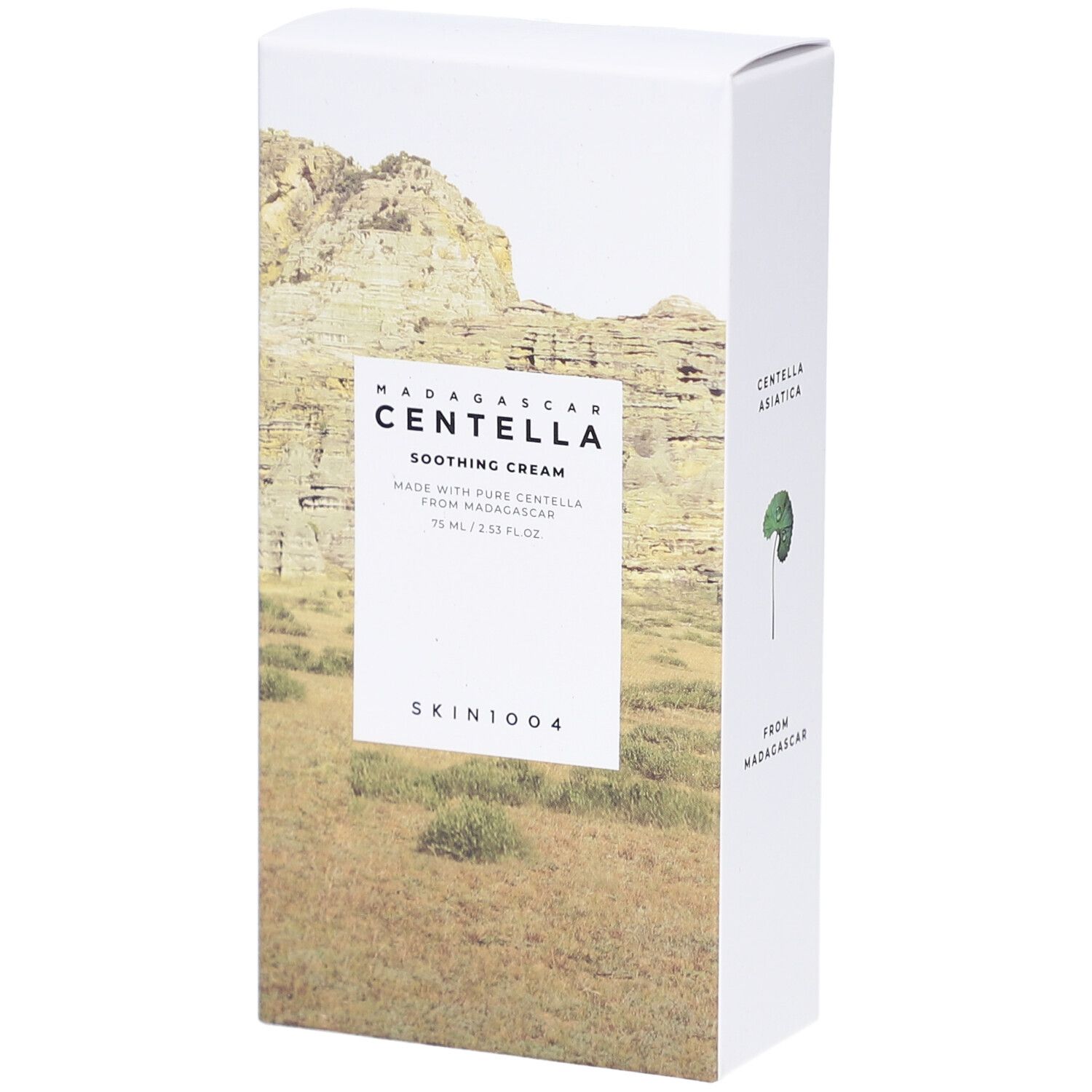 Witte verpakking met productnaam en landschap. Tekst: Centella, Soothing Cream. Merk: SKIN1004.