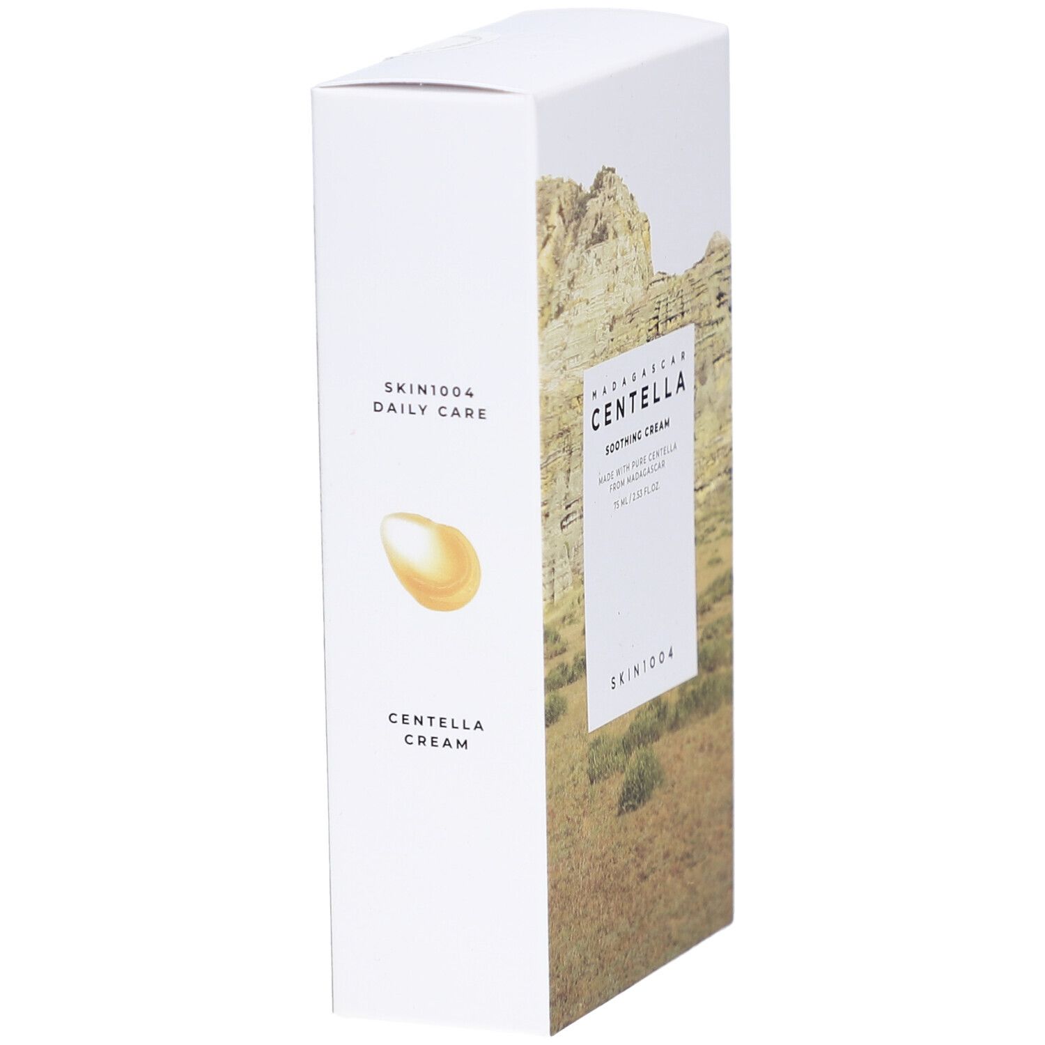 Witte verpakking met productnaam en landschap. Tekst: Centella Cream. Merk: SKIN1004.