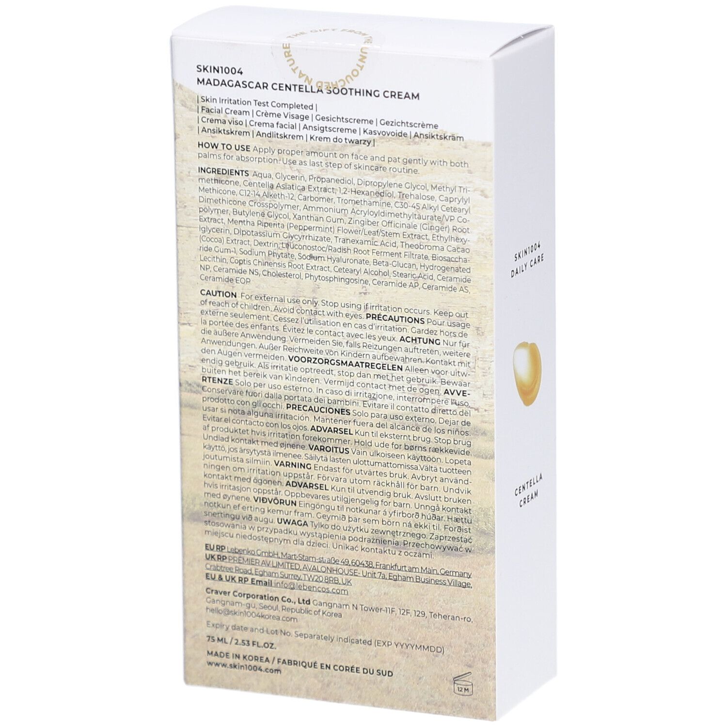 Achterkant van de witte verpakking met tekst. Bevat ingrediënten, instructies en voorzorgsmaatregelen.