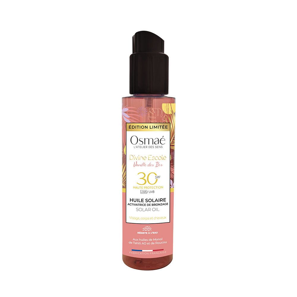 Flacon d'huile solaire avec bouchon pompe noir. Étiquette rose avec nom du produit et SPF30. Drapeau français en bas.