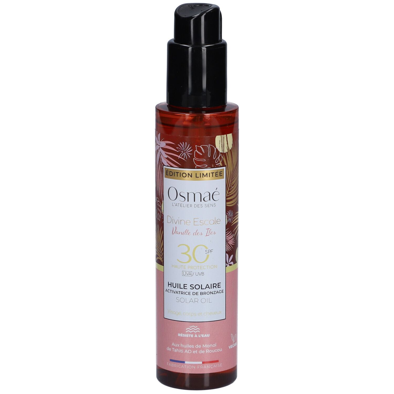 Bruine fles met zwarte pomp. Opschrift: OSMAE, Divine Escapade, Vanille des Iles, SPF30, Huile Solaire.