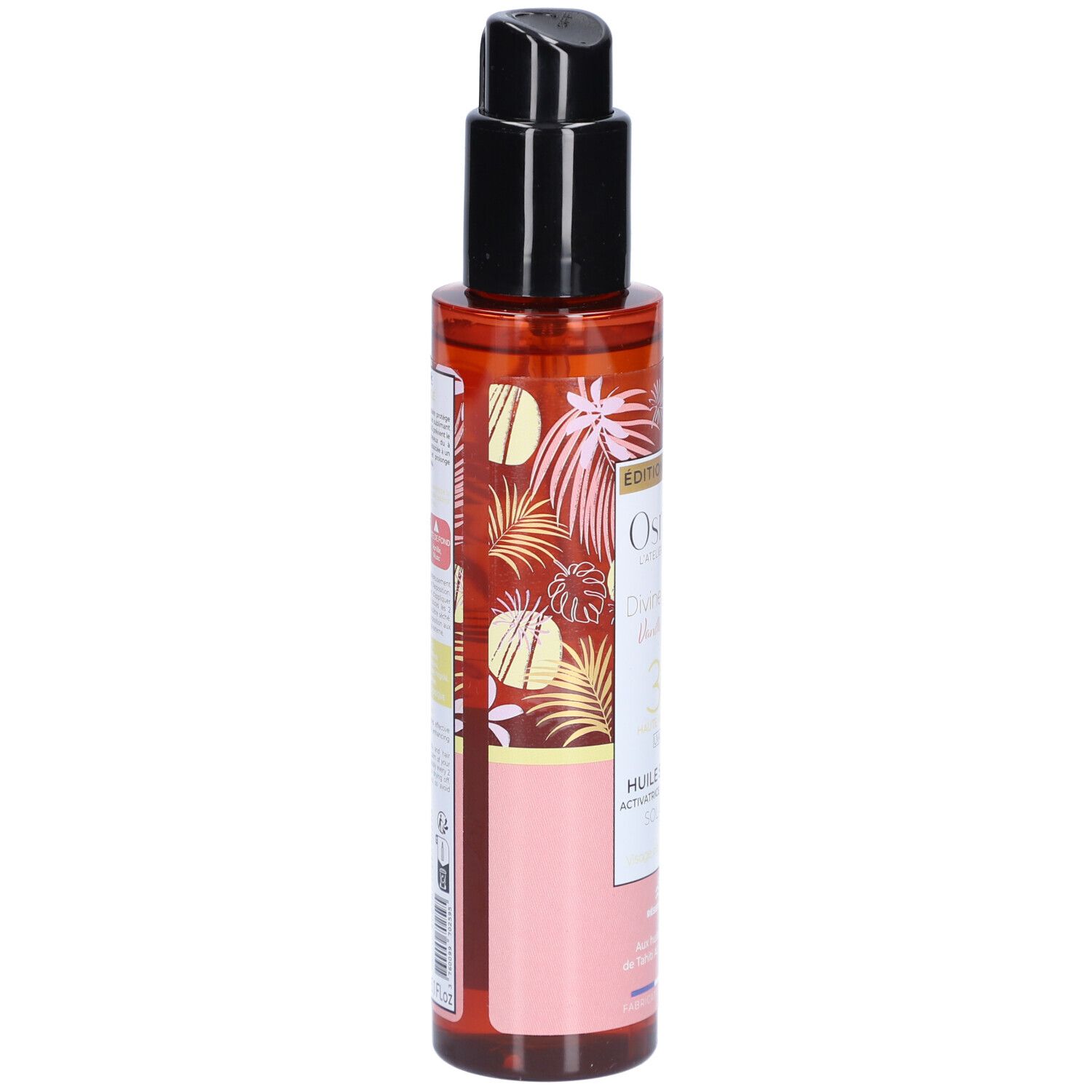 Bruine fles met zwarte pomp. Opschrift: OSMAE, Divine Escapade, Vanille des Iles, Huile Solaire.