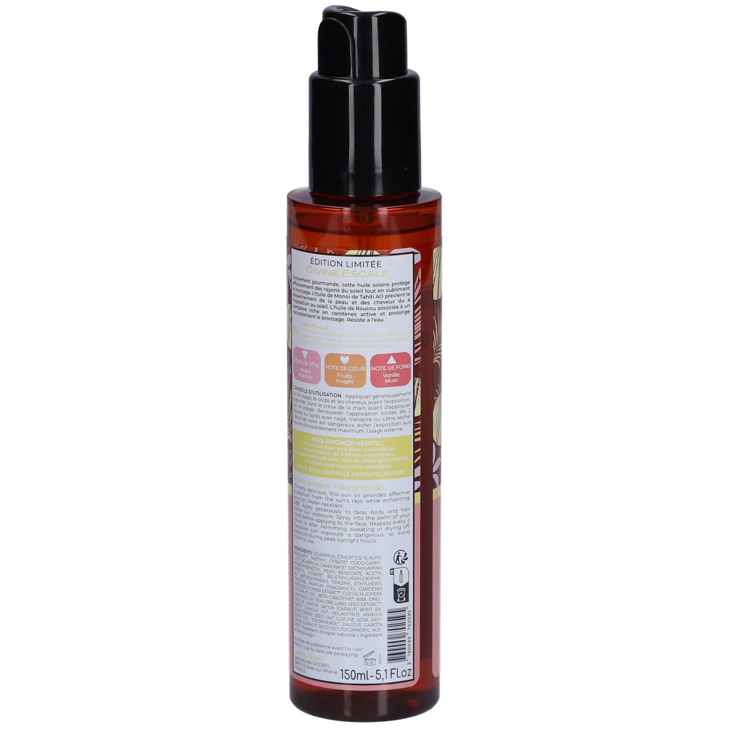 Bruine fles met zwarte pomp. Opschrift: OSMAE, Divine Escapade, Vanille des Iles, 150ml.