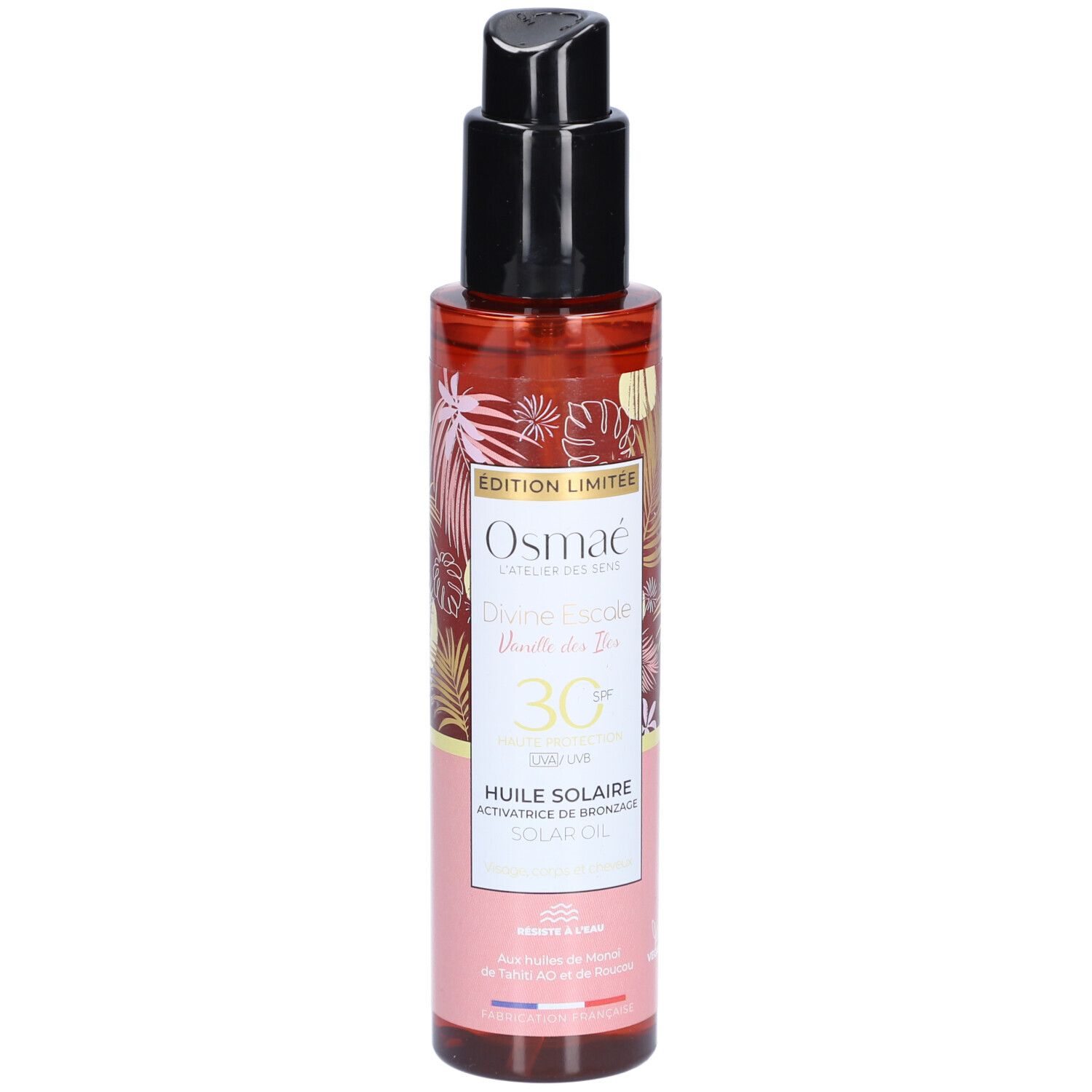 Bruine fles met zwarte pomp. Opschrift: OSMAE, Divine Escapade, Vanille des Iles, SPF30, Huile Solaire.