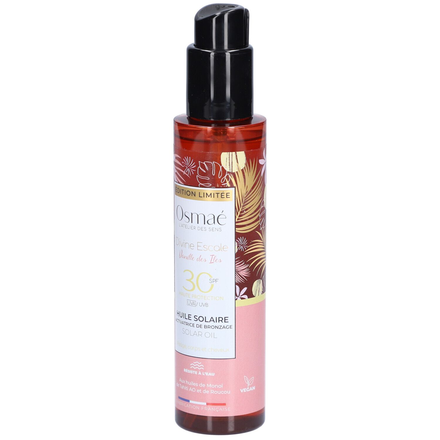 Bruine fles met zwarte pomp. Opschrift: OSMAE, Divine Escapade, Vanille des Iles, SPF30, Huile Solaire.