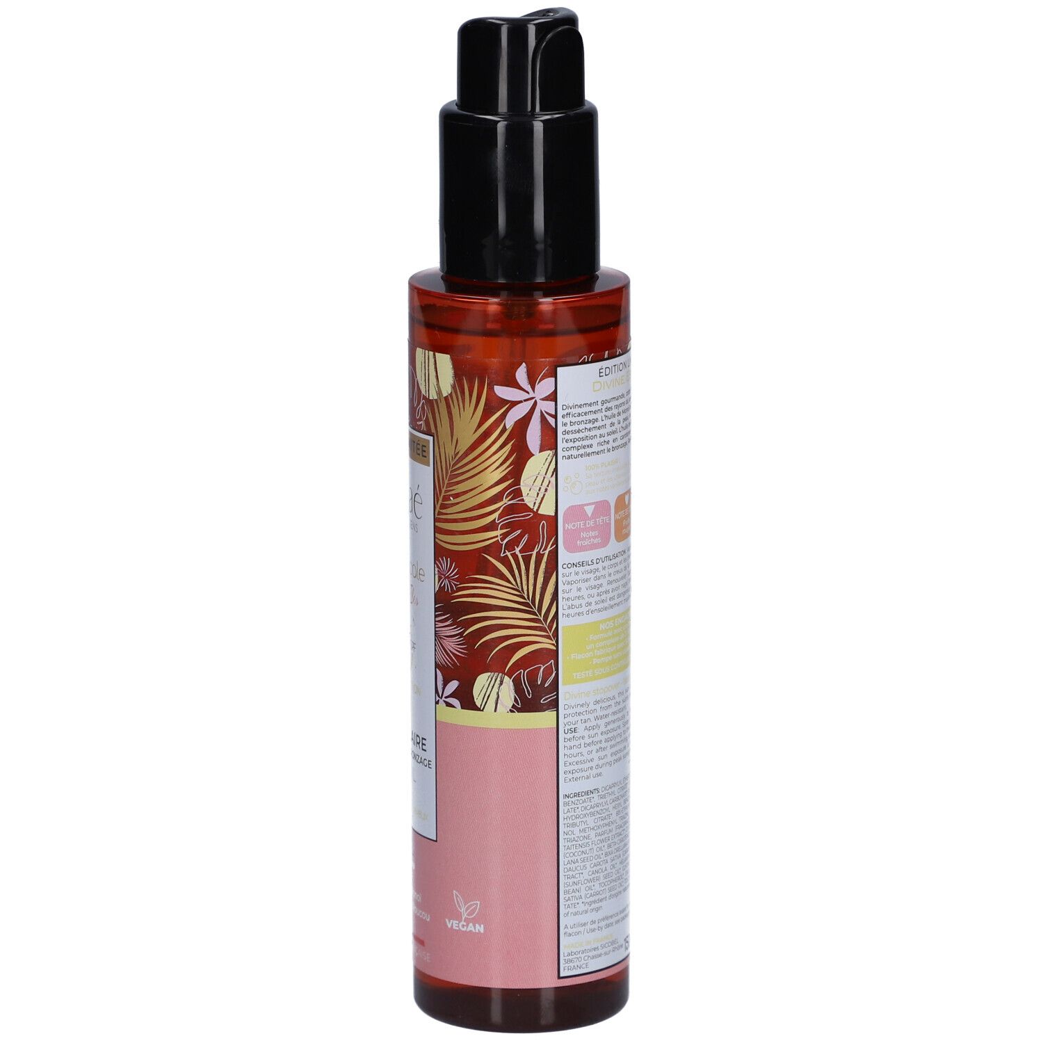 Bruine fles met zwarte pomp. Opschrift: OSMAE, Divine Escapade, Vanille des Iles, Huile Solaire.