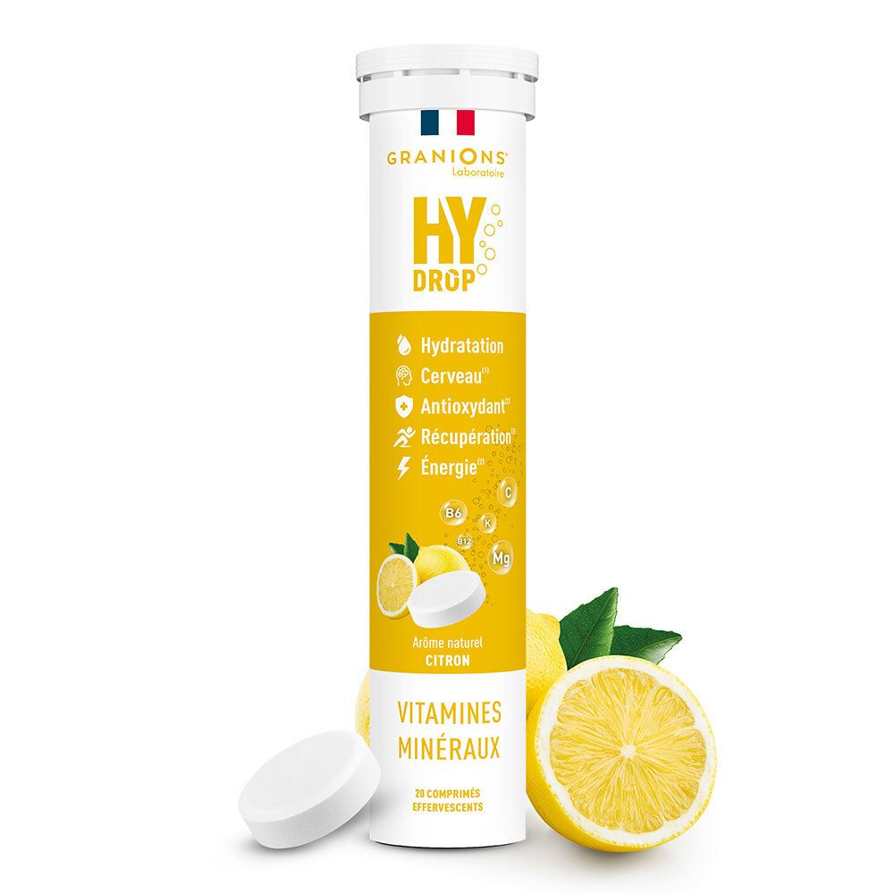 Tube jaune de comprimés effervescents. Inscription: HYDROP, Vitamines Minéraux, Citron. Drapeau français.