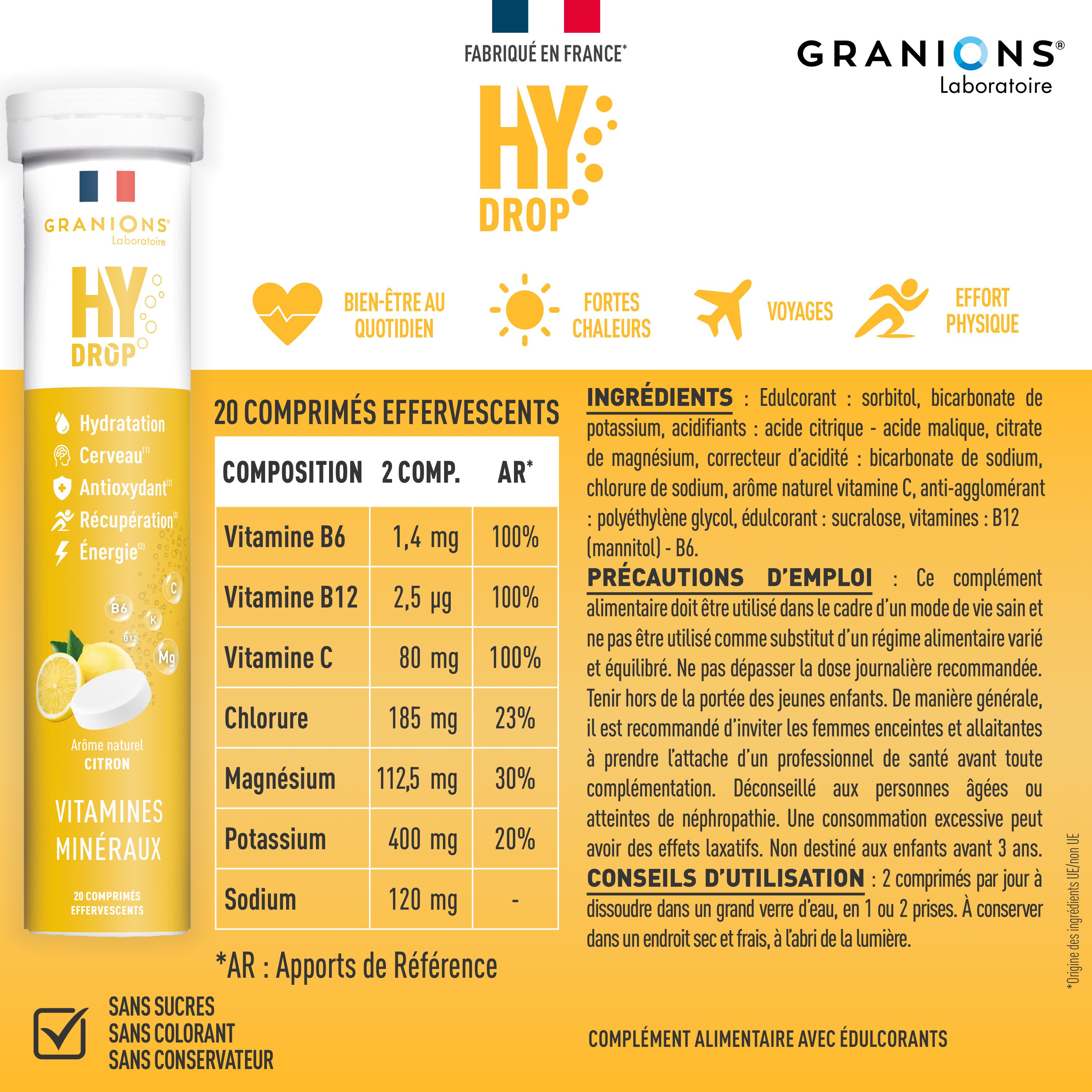 Emballage de comprimés effervescents. Inscription: HYDROP, 20 comprimés, Vitamines Minéraux. Ingrédients et utilisation.