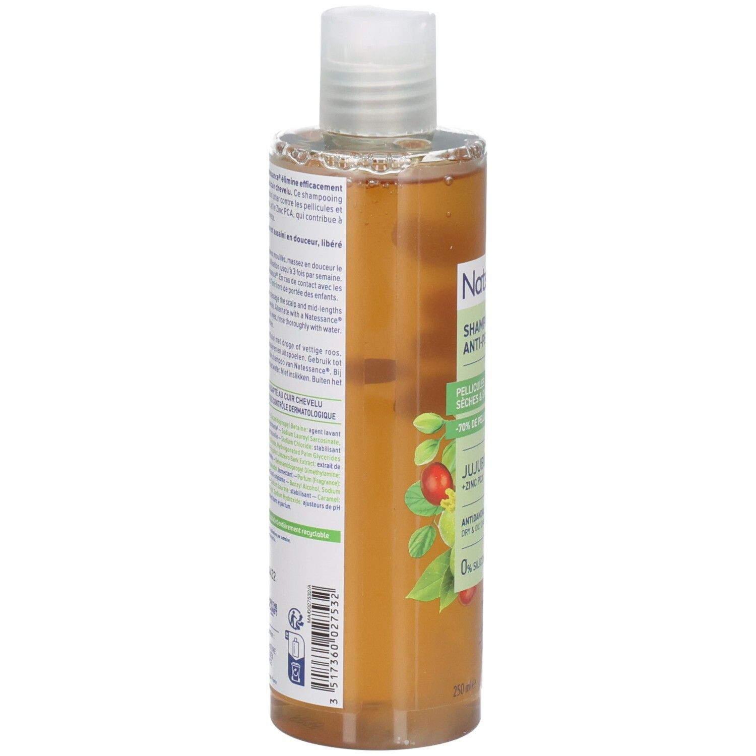 Vue arrière du flacon de shampooing. Texte sur l'étiquette, y compris les ingrédients et les informations du fabricant. Liquide transparent.