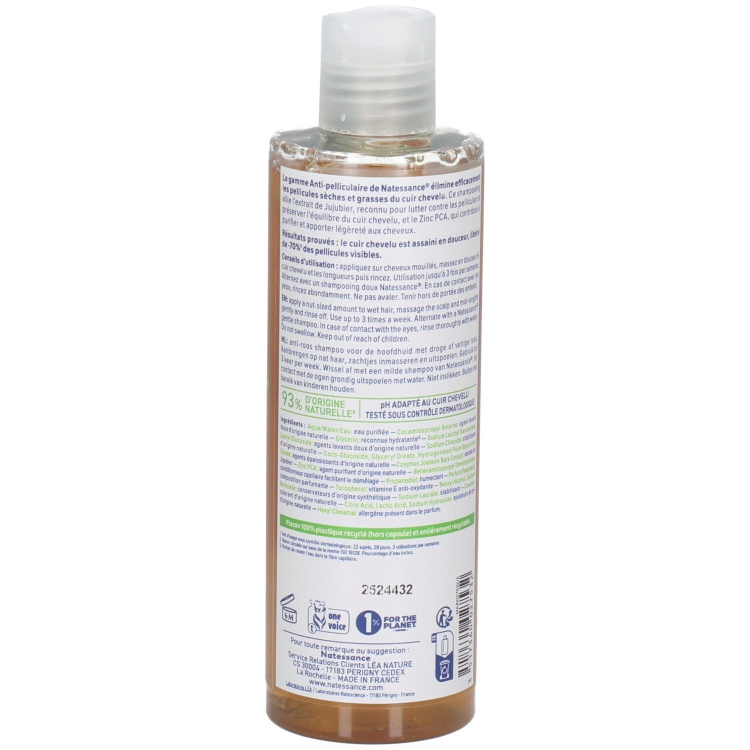 Vue arrière du flacon de shampooing. Étiquette avec texte, ingrédients et informations du fabricant. Autocollant vert avec texte.