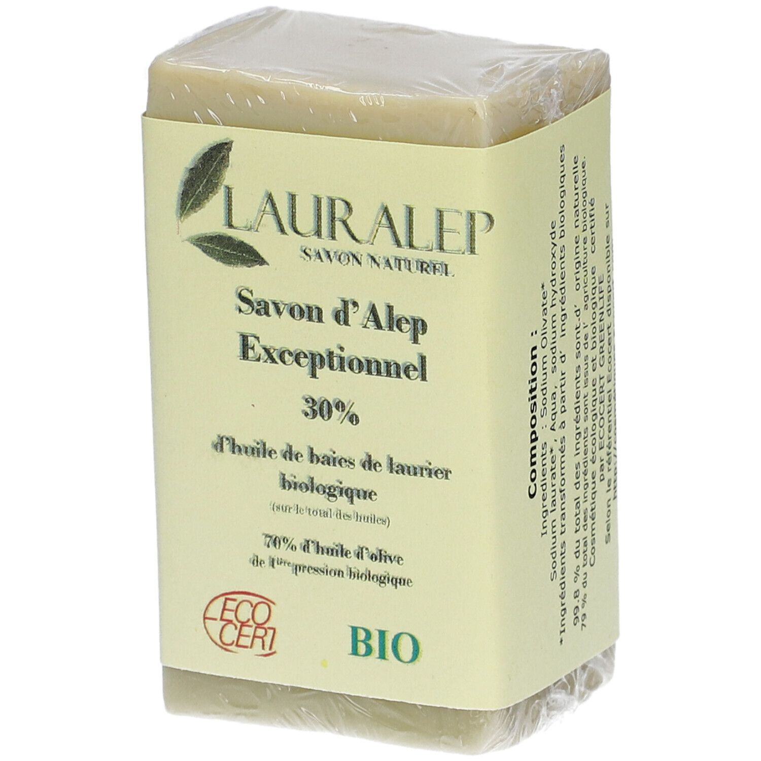 Rechthoekige zeep in transparante verpakking. Geel etiket met LAURALEP, Savon d'Alep Exceptionnel, 30% biologische laurierbesolie, ECO CERT BIO.