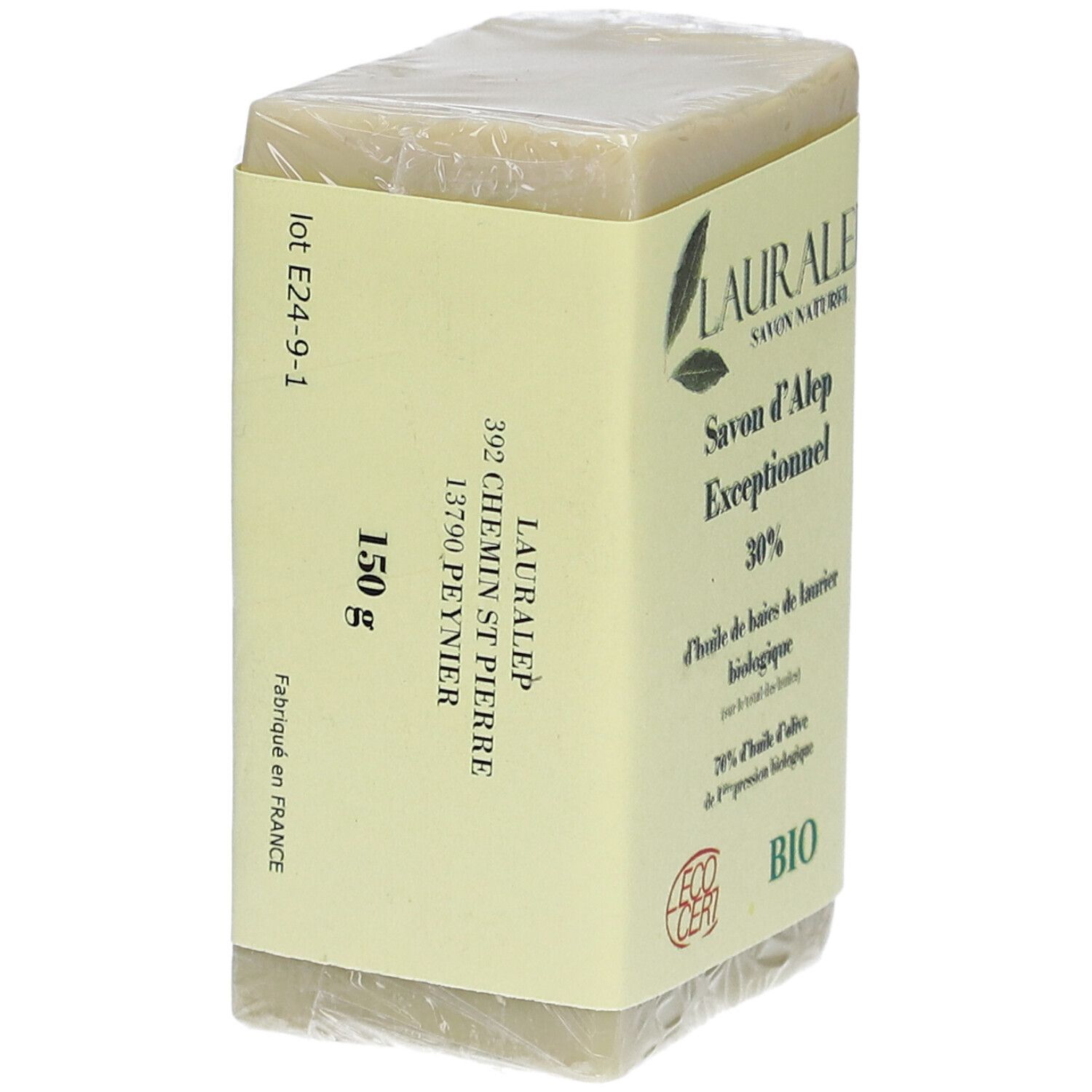 Rechthoekige zeep in verpakking. Geel etiket met LAURALEP, Savon d'Alep Exceptionnel, 30% laurierbesolie, 150g, ECO CERT BIO.