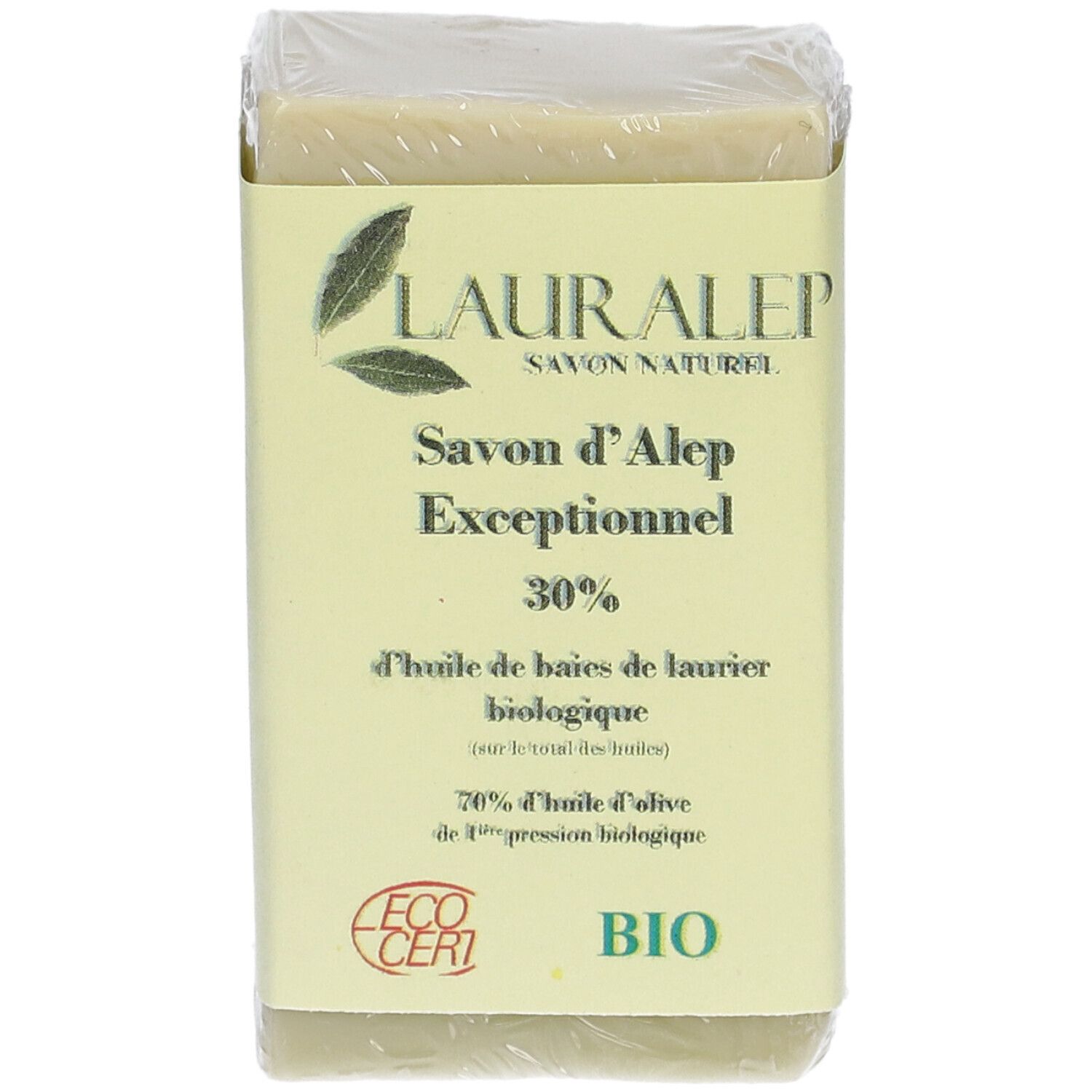 Rechthoekige zeep in verpakking. Geel etiket met LAURALEP, Savon d'Alep Exceptionnel, 30% biologische laurierbesolie, ECO CERT BIO.