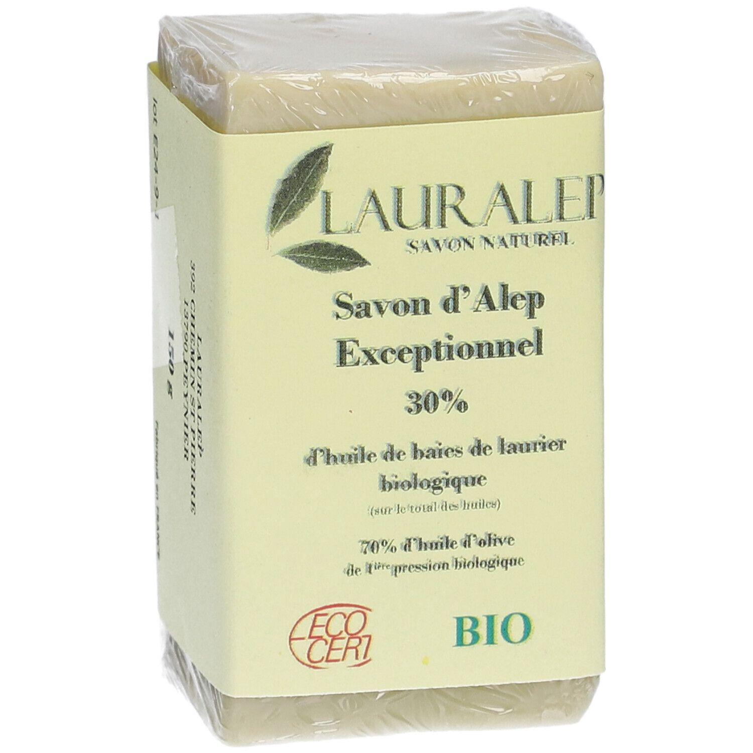 Rechthoekige zeep in verpakking. Geel etiket met LAURALEP, Savon d'Alep Exceptionnel, 30% biologische laurierbesolie, ECO CERT BIO.