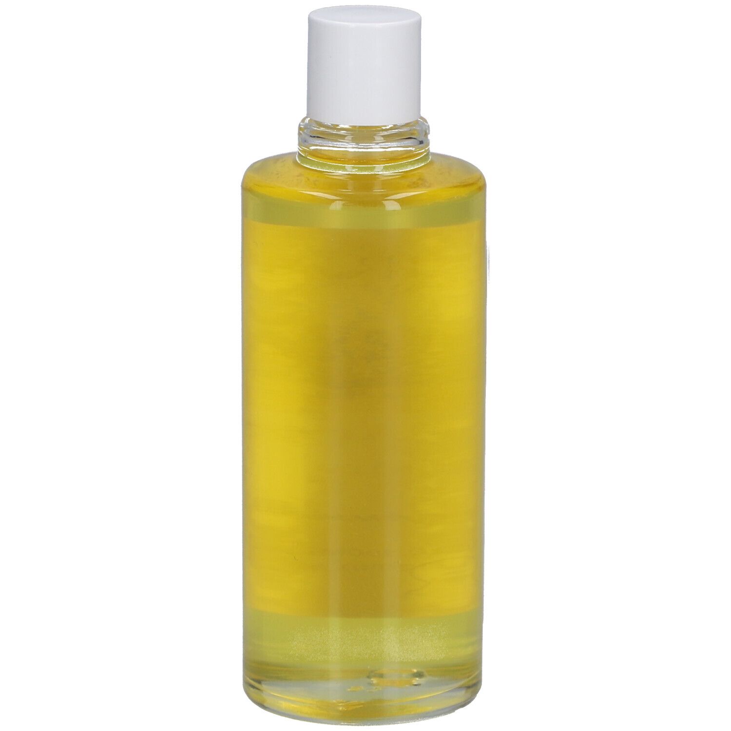 Cilindrische fles met gele olie en witte dop. Geen labels zichtbaar.