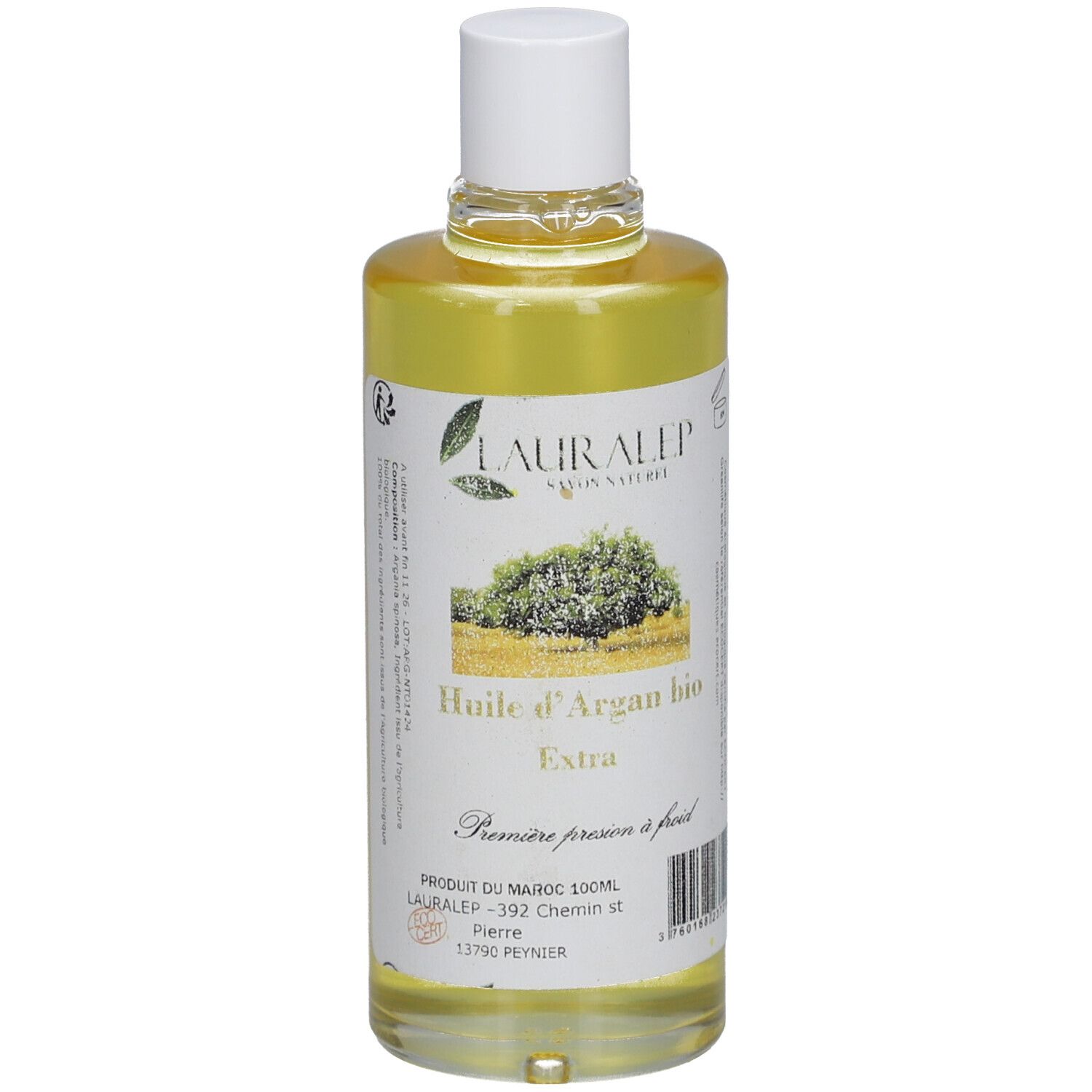 Flesje gele olie. Label met "Huile d'Argan bio Extra". Witte dop.