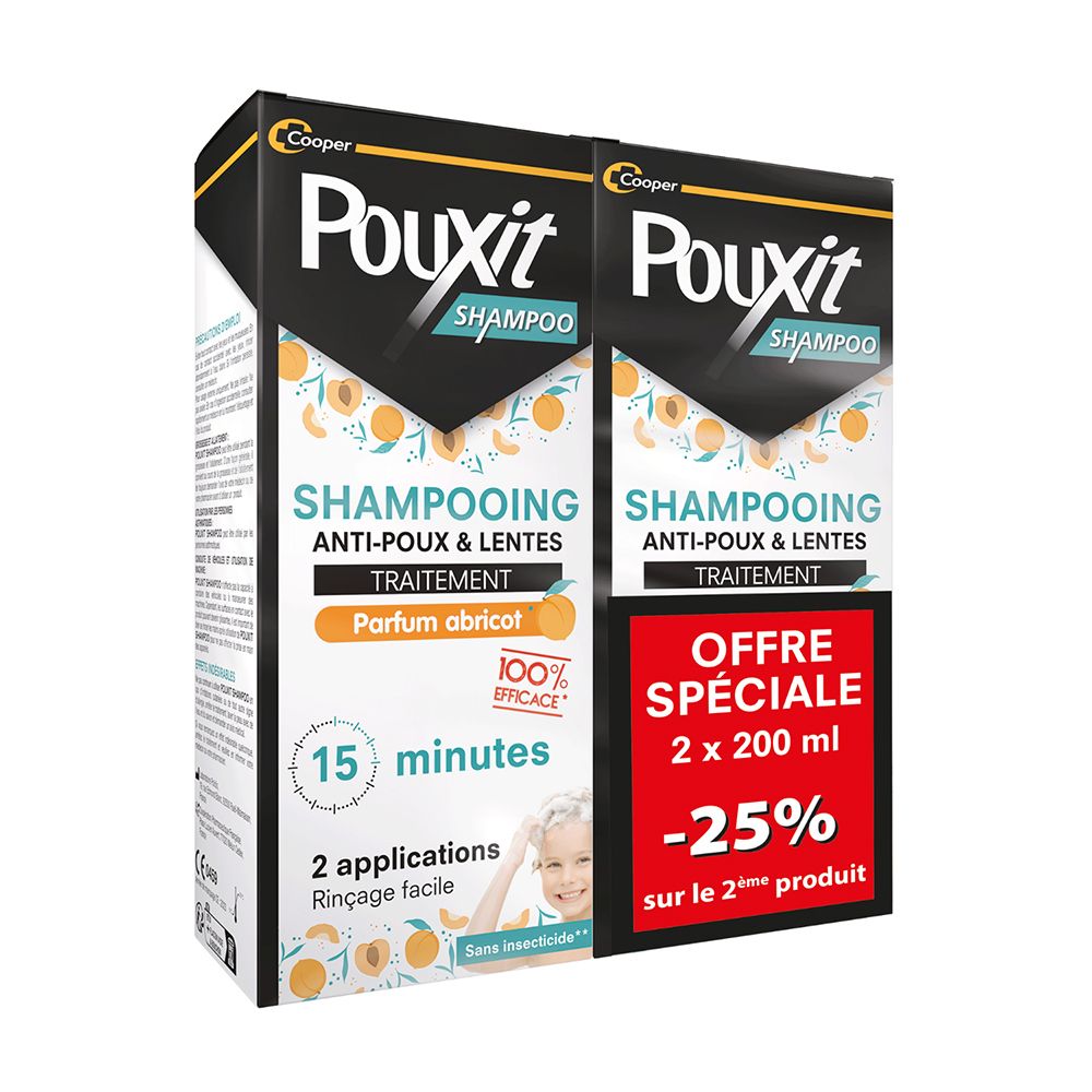 Twee verpakkingen Pouxit Shampooing Anti-Poux et Lentes. Zwarte verpakking met productinfo en korting.