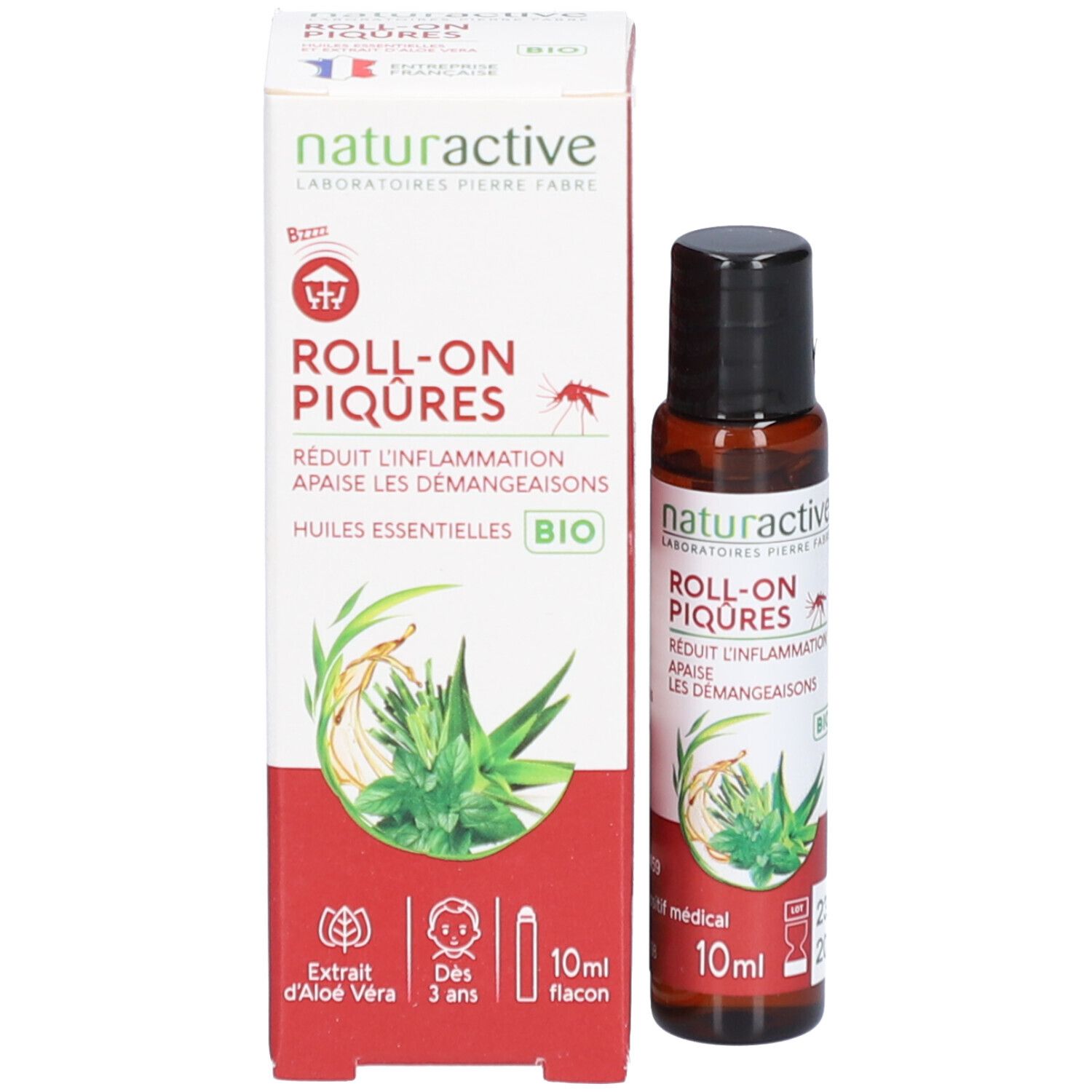 Produit et emballage. Inscription: Roll-On Piqûres, 10 ml. Contient de l'aloe vera. Pour enfants dès 3 ans.
