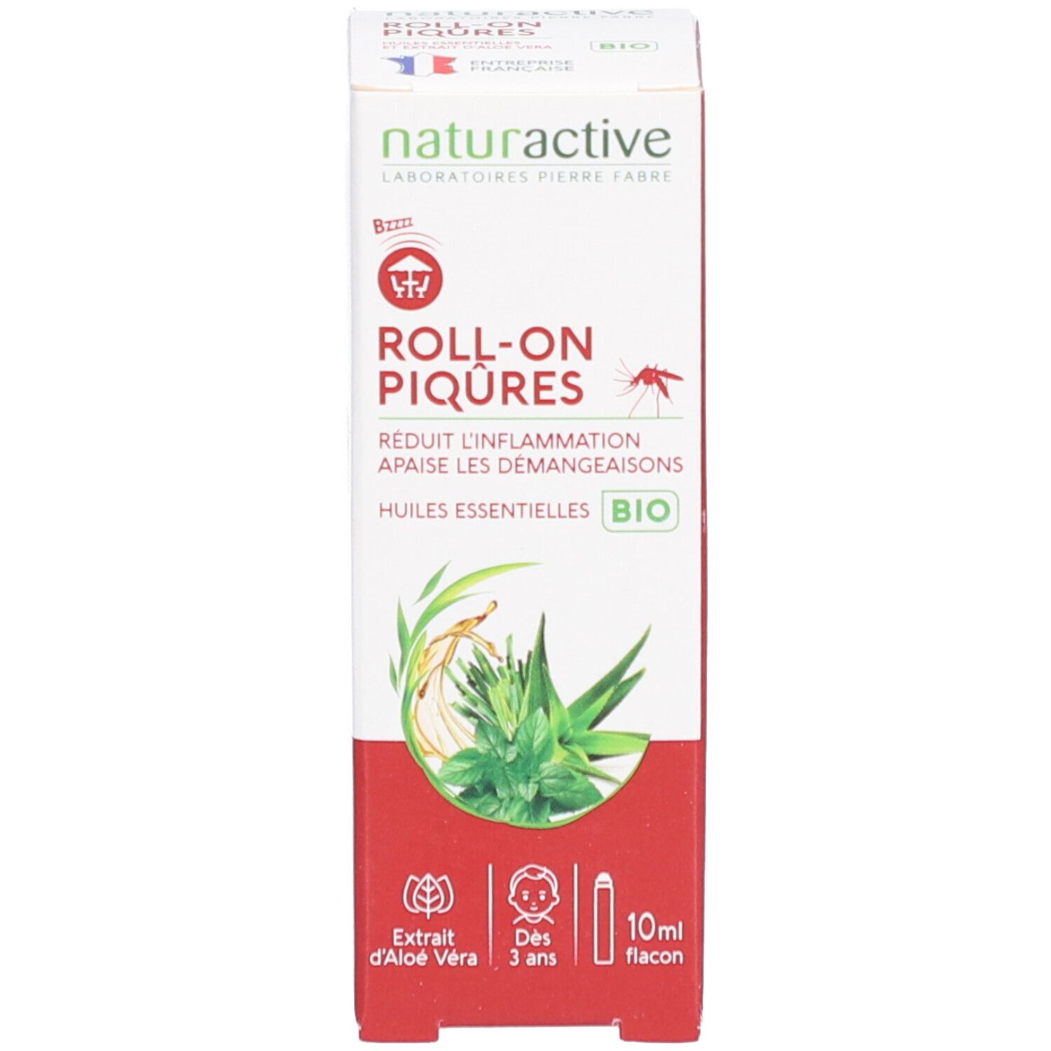 Emballage. Inscription: Roll-On Piqûres, 10 ml. Contient de l'aloe vera. Pour enfants dès 3 ans. Flacon.