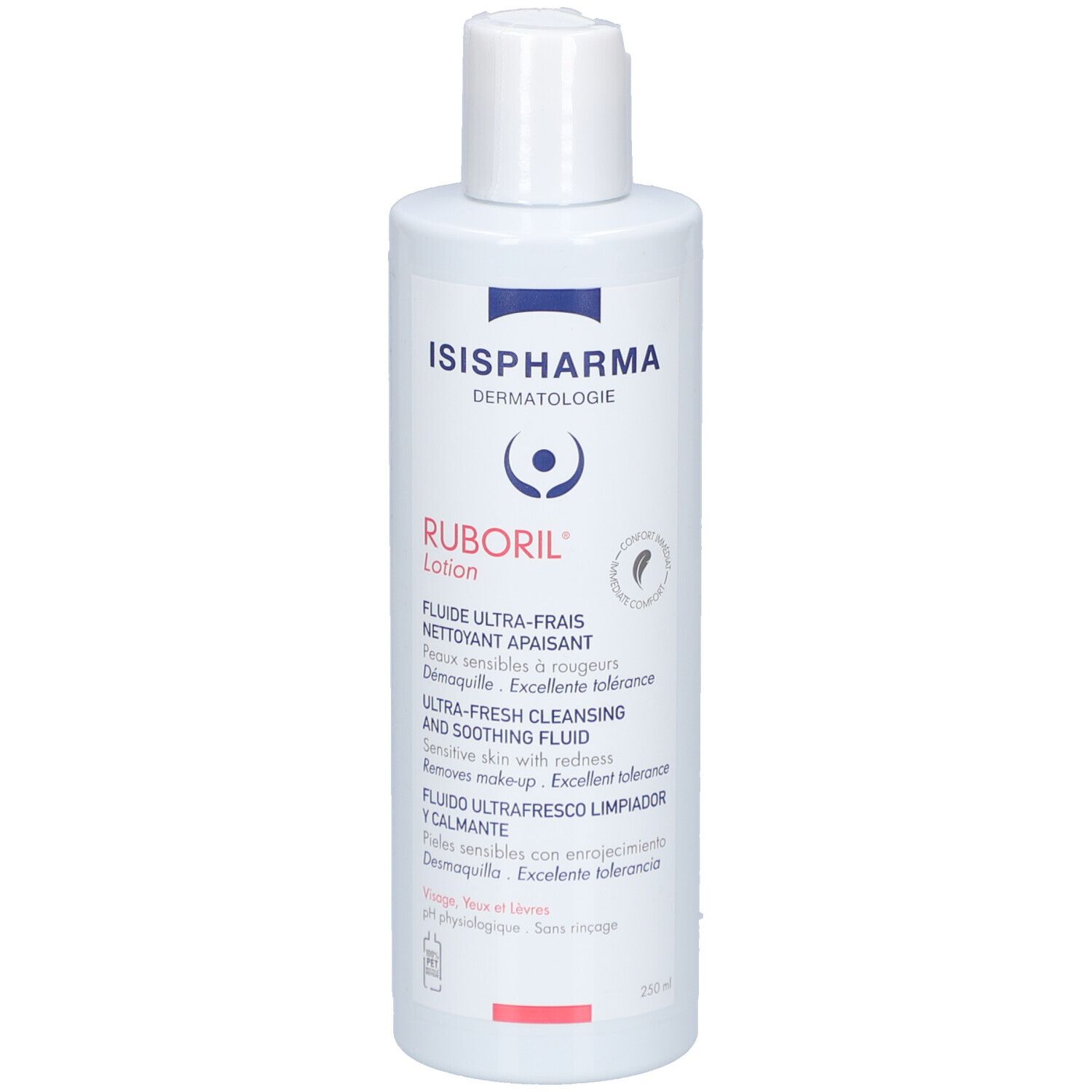 Flacon blanc avec bouchon rabattable. Inscription ISISPHARMA Ruboril Lotion. Texte multilingue. 250 ml.
