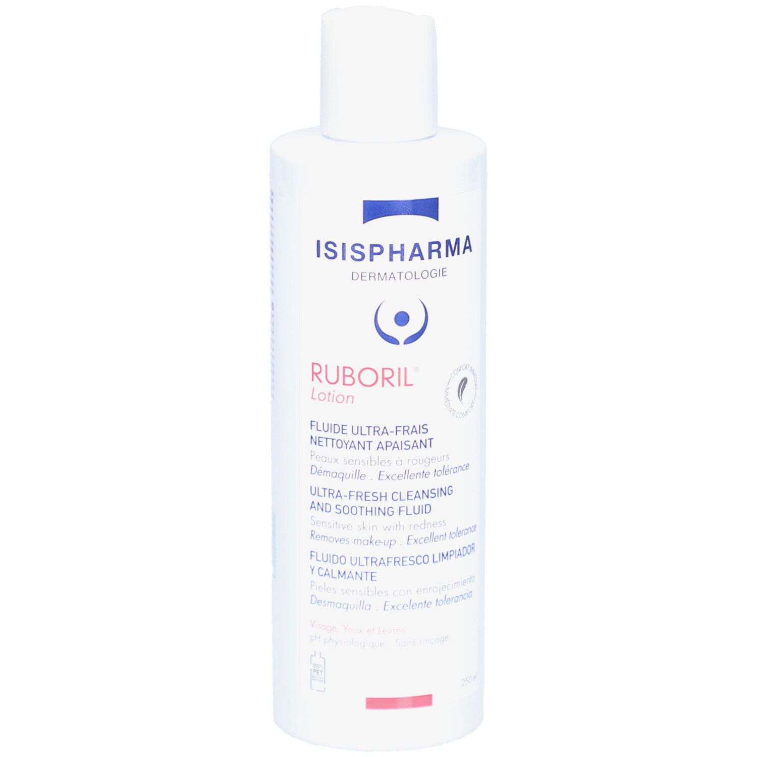 Flacon blanc avec bouchon rabattable. Inscription ISISPHARMA Ruboril Lotion. Texte multilingue. 250 ml.