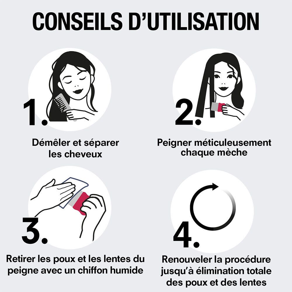 Instructies: Ontwarren, lok voor lok kammen, kam reinigen, herhaal de procedure.