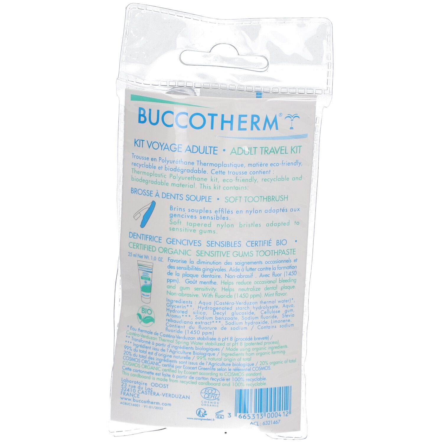 Dos de l'emballage transparent avec texte. Inscriptions : "BUCCOTHERM", "KIT VOYAGE ADULTE".
